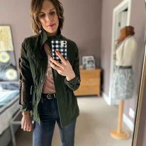 Unique olive green utility jacket with leopard and black velvet trim